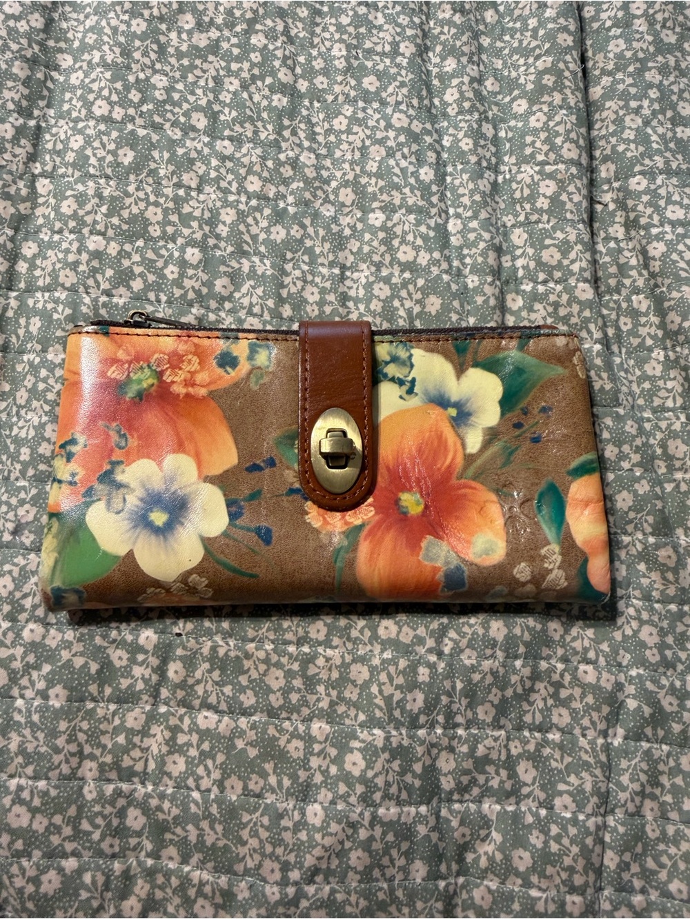 Patricia Nash Floral Leather Fold-Over Wallet in Brown, Orange and Cream